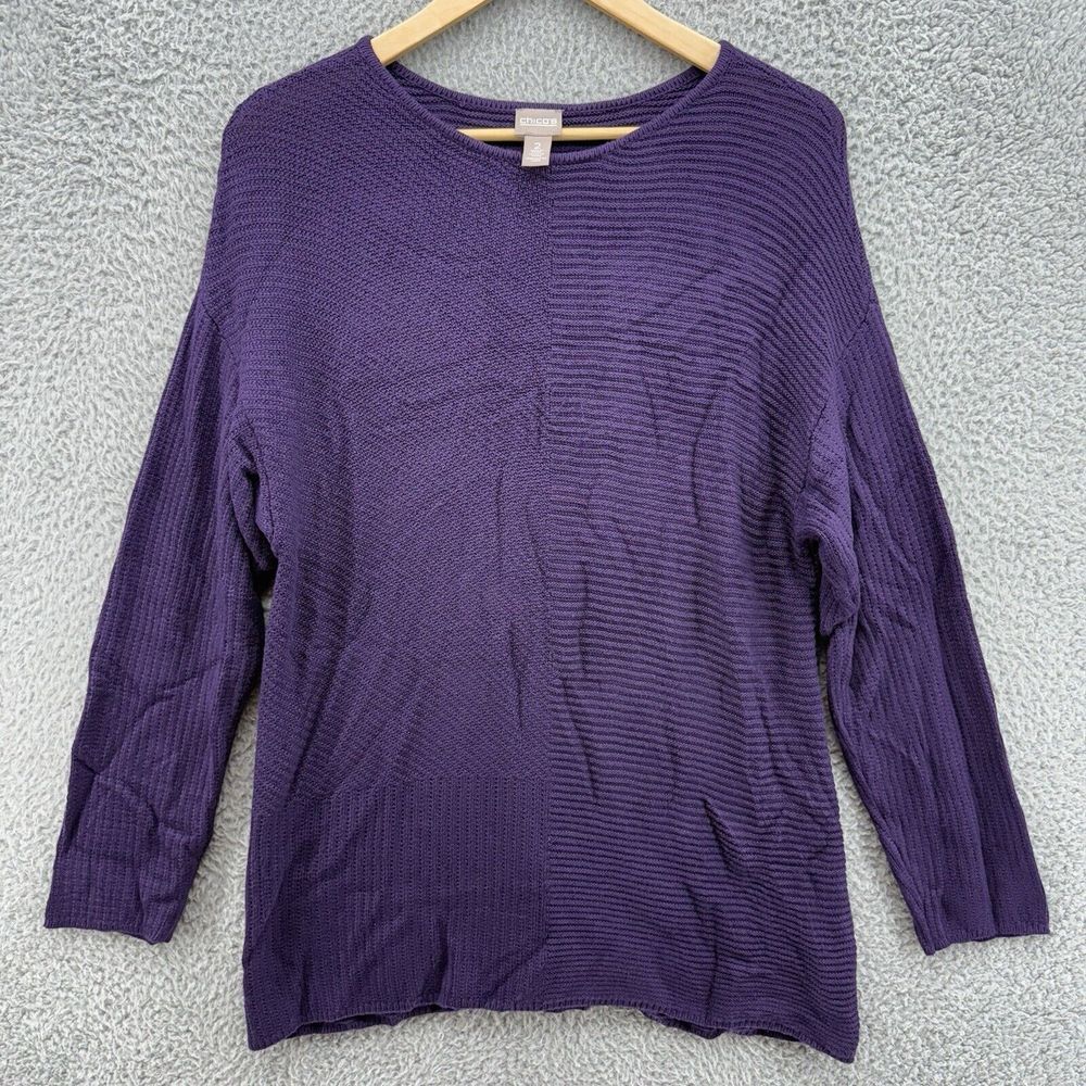 Chico's Open Knit Purple Sweater Textured Crochet Long Sleeve Womens 2 Large - Picture 1 of 7